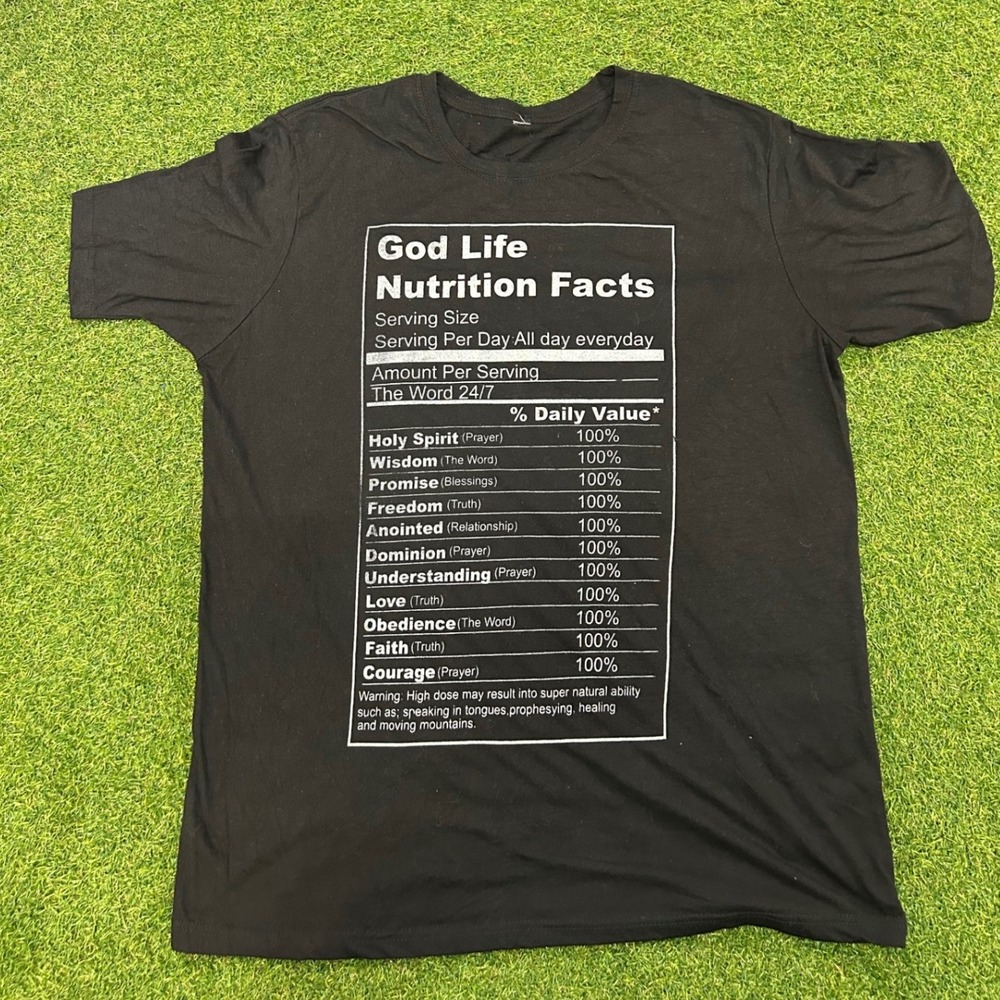 God Life Nutrition Facts Graphic T-Shirt Black Christian Religious‎ Short Sleeve